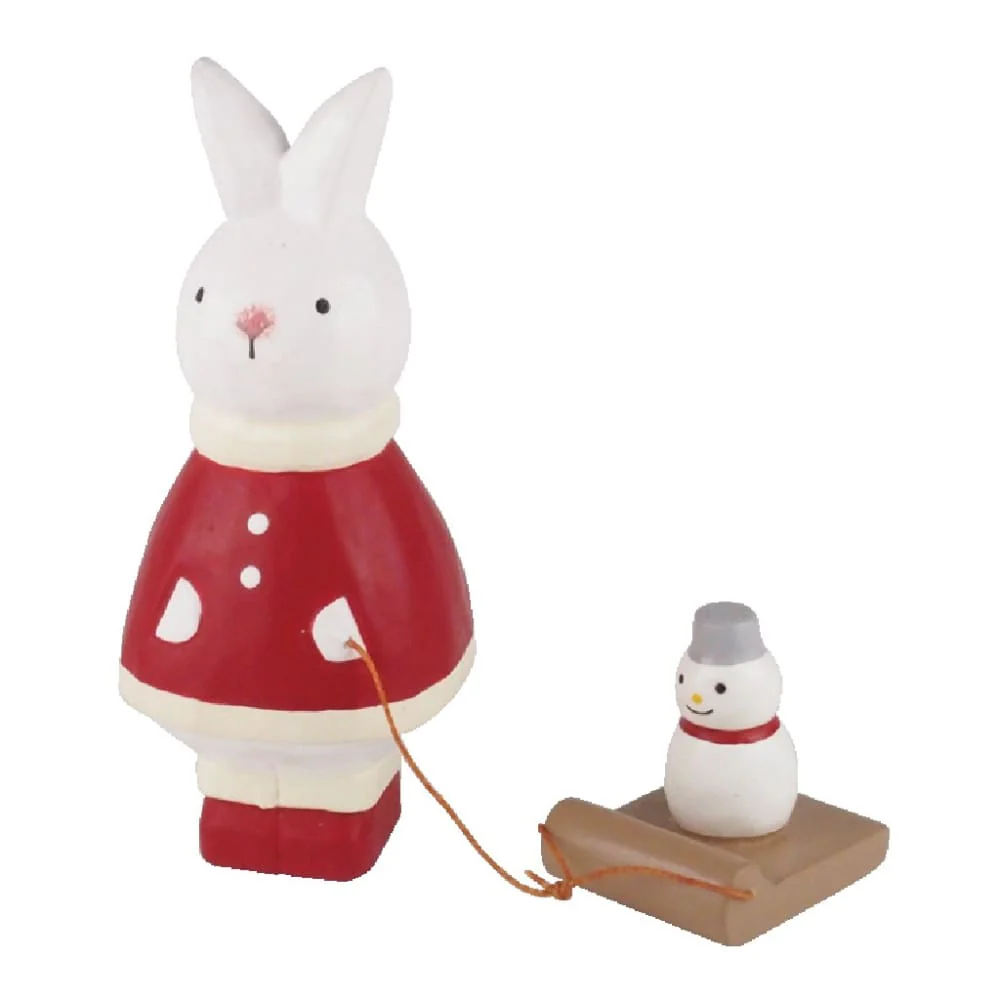 Figurine en bois Noël - Lapin avec bonhomme de neige