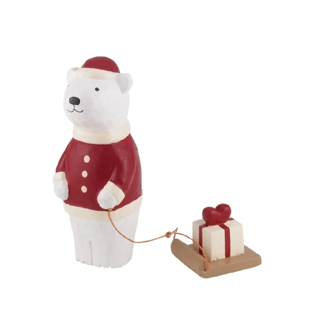 Figurine en bois Noël - Ours polaire en Père Noël avec cadeau de Noël